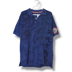 Vintage Y2K Christian Audigier Ed Hardy Graphic Polo Shirt Blue Size XL
